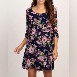 PinkBlush Maternity Navy Floral Baby Shower‎ Chiffon Dress Size M